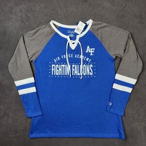 Air Force Academy Fightin Falcons Lace Up Raglan Shirt Womens Medium Blue Sequin
